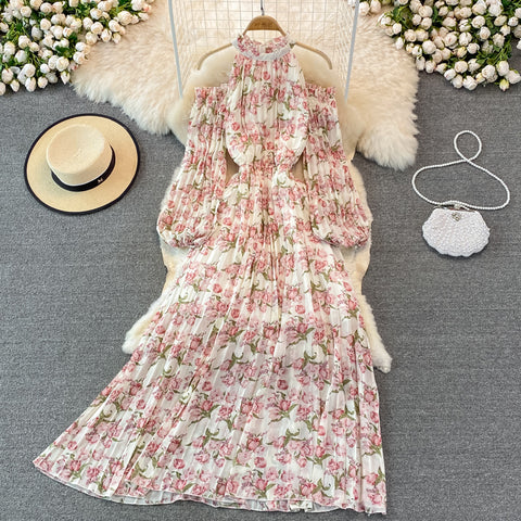 Puff-sleeve Halterneck Off-the-shoulder Floral Dress