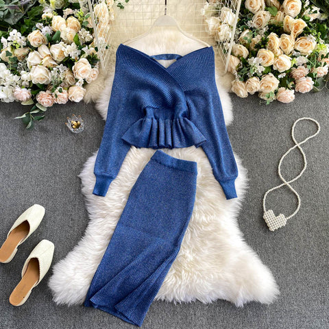 Off-the-shoulder Top&Skirt Knitted 2Pcs