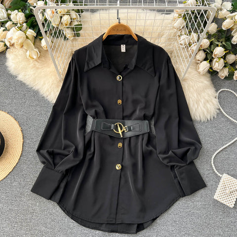 Solid Color Lace-up Shirt Dress with Waistbelt