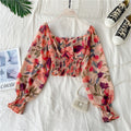 Floral Pleated Square Neck Long-sleeved Chiffon Shirt