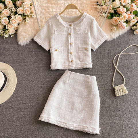 Tweed Top & High Waist Skirt Two-Piece Set