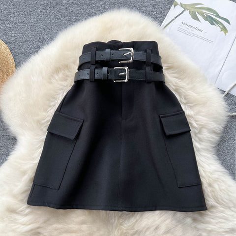 Twin Belt High Waist Suit Skirt