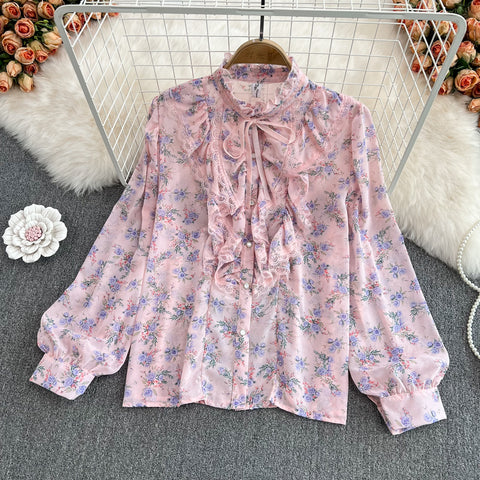 Lace Floral Chiffon Shirt Lace-Up Top
