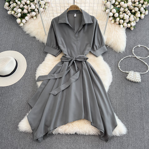 Solid Colour V-neck Bow Tie Dress