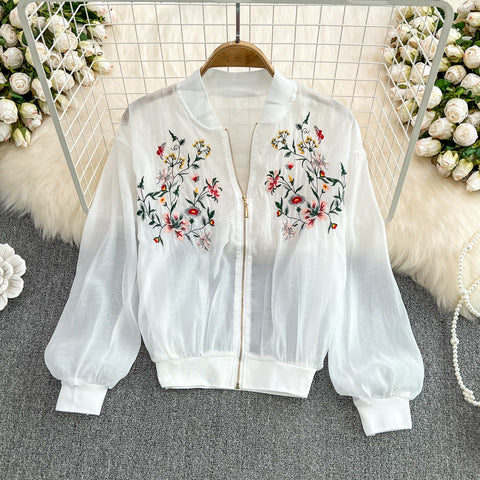 Zipped Embroidered Sun-protection Jacket