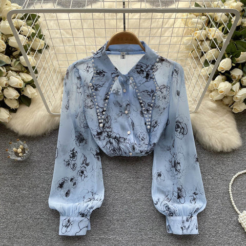 Courtly Beaded Floral Print Blouse
