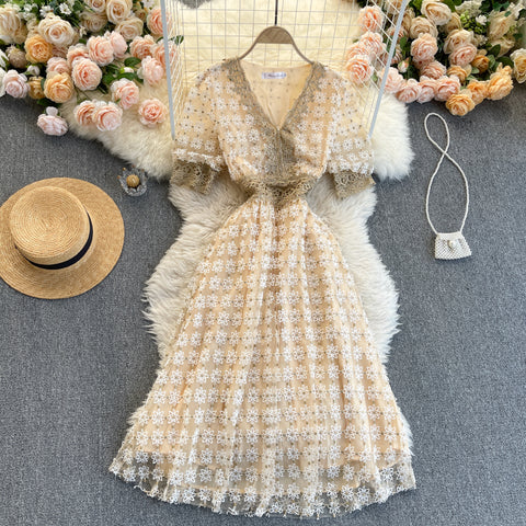Embroidered Lace Color Blocking Mesh Dress