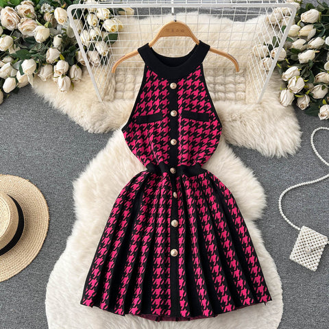 Houndstooth Single-Breasted Knitted Dress