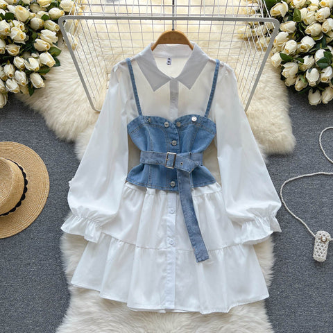 White Shirt Dress&Denim Camisole 2Pcs
