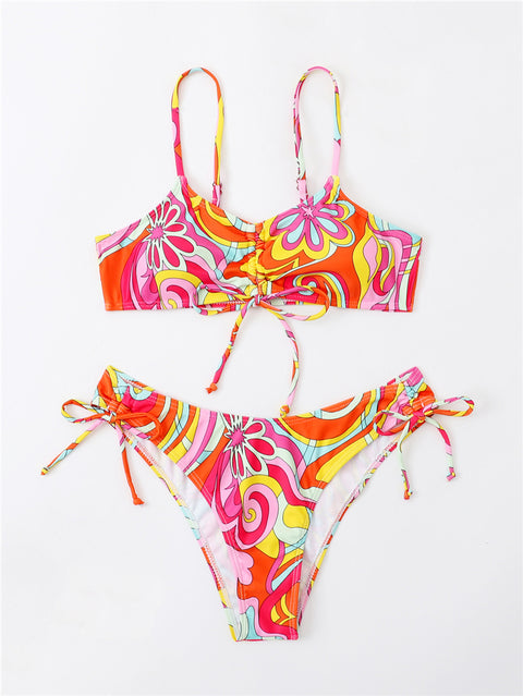 Drawstring Colourful Printed Bikini