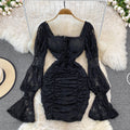 Square Neck Long Sleeve Pleated Hip Lace Dress