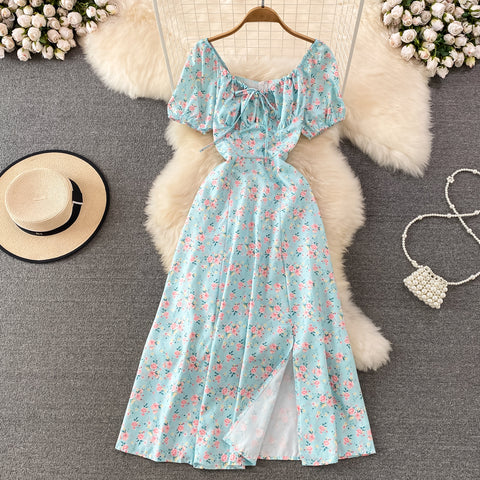 French Style Puff Sleeve Floral Dress