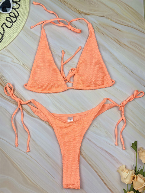 Solid Coloured Lace-up Three-point Bikini
