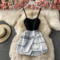 Patchwork Plaid Fake Two-Piece Sling Jumpsuit