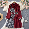 Houndstooth Stitching Long Sleeve Dress