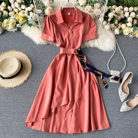Irregular A-Line Belted Waist Dress