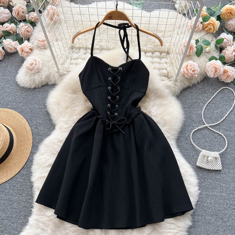 Solid Color Crossover Lace-up Slip Dress