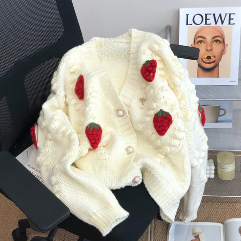 Cute Strawberry Pattern Knitted Cardigan