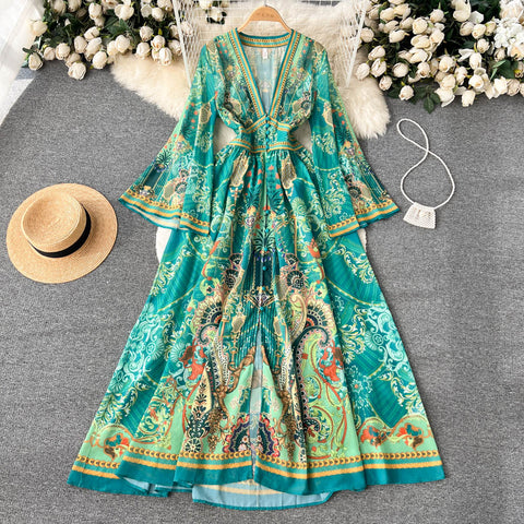 Deep V-neck Floral Printed Maxi Dress