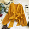 V-neck Pleated Tie Bow Ruffled Chiffon Shirt