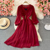 Puff Sleeve High Waist V Neck Chiffon Dress