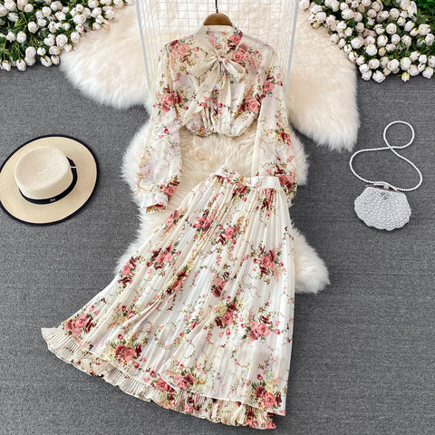 Two-piece Bow Tie Floral Chiffon Shirt And Skirt