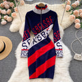 Contrast Striped Knitted Turtleneck Sweater Dress