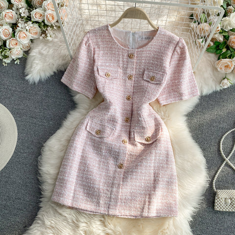 Round Neck Single-breasted Tweed Dress