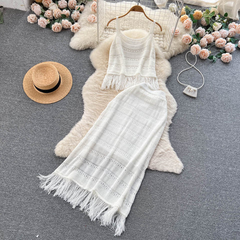 Tassel Camisole&Hip-wrapping Skirt 2Pcs