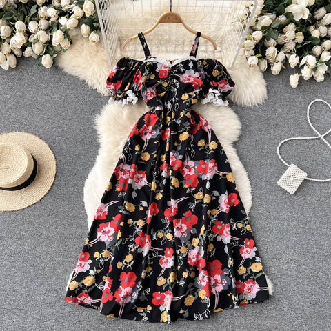 Off-shoulder Floral Printed A-line Dress