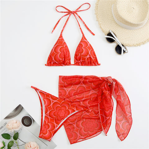 Printed Strappy Three-piece Swimsuit with Kirtle