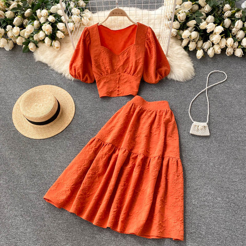 Two-piece Puff Sleeve Short Top And Skirt