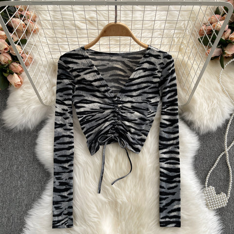 Leopard V-Neck Ruched Tie Long Sleeve T-Shirt