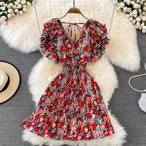 V-Neck Ruffle Sleeve Floral Pleated Dress