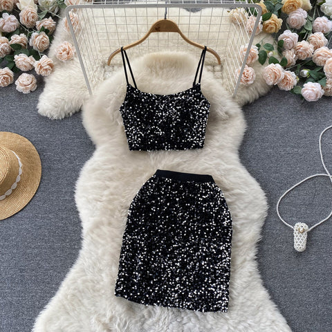 Chic Sequin Decorated Camisole&Skirt 2Pcs