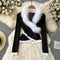 Furry Collar Patchwork V-neck Sweater