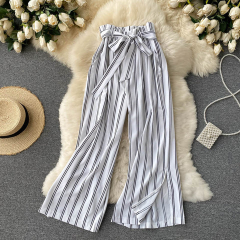 Striped Color-block Split Wide-leg Pants