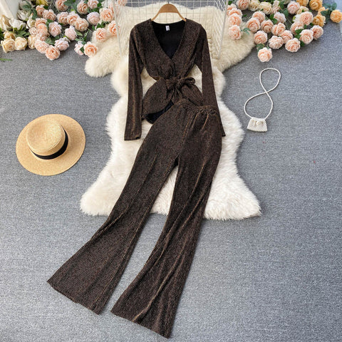Pit-striped Lace-up Cardigan&Trousers 2Pcs
