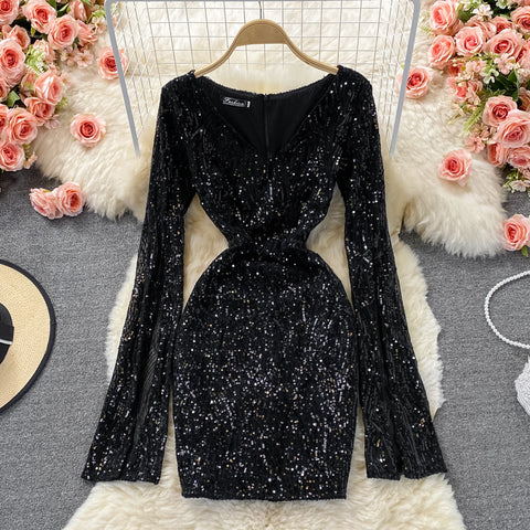 Sequin V-neck Hip-wrapping Dress