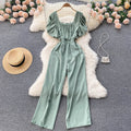 Square Neck Puff Long Sleeve Nipped Waist Jumpsuit
