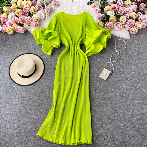 Ruffled Flared Sleeve Pleated Dress