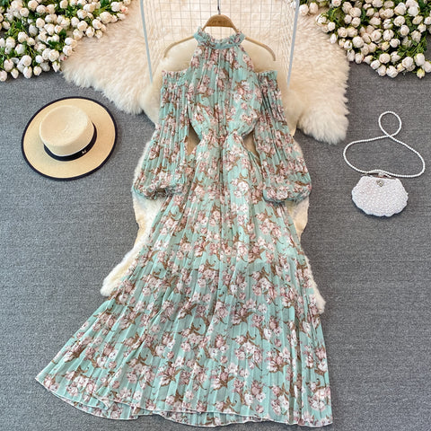 Puff-sleeve Halterneck Off-the-shoulder Floral Dress