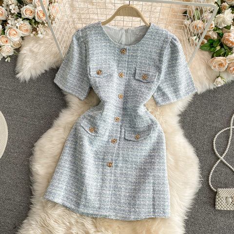 Round Neck Single-breasted Tweed Dress
