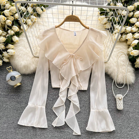 French Style V-neck Lace-up Blouse