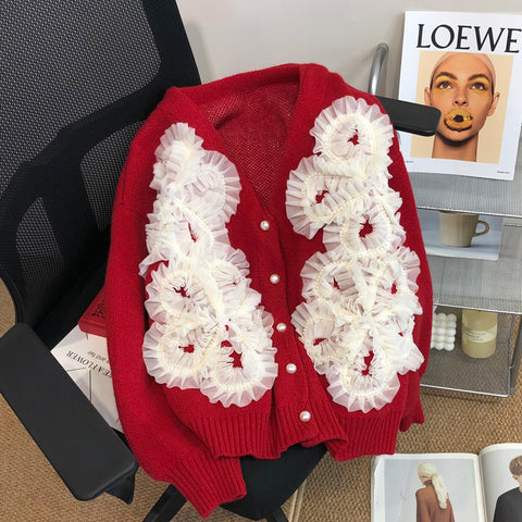 Beaded V-neck 3d Floral Cardigan