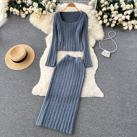 Short Sweater&High-waist Skirt 2Pcs