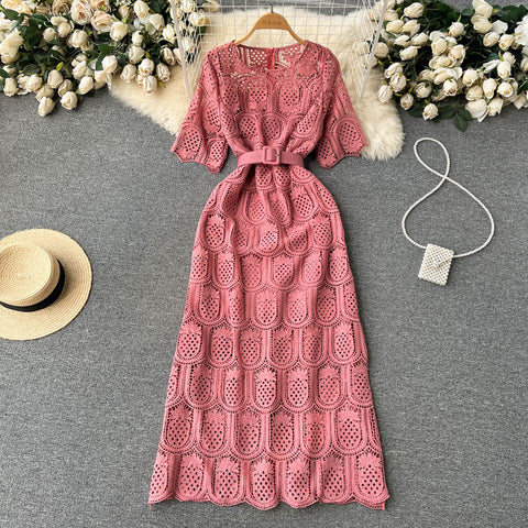 Crochet Lace Hollowed Long-sleeve Dress