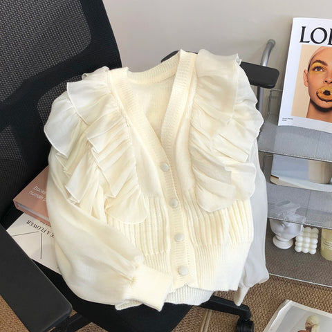 Sweet Ruffle-trimmed Patchwork Cardigan