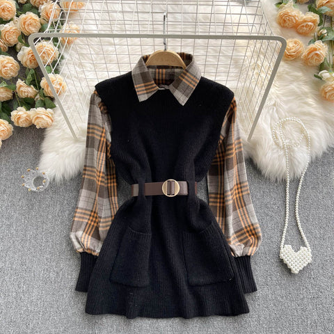 Two-piece Plaid Shirt & Knitted Sweater Vest