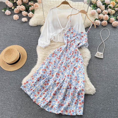 Floral Dress&Chiffon Shirt 2Pcs Set